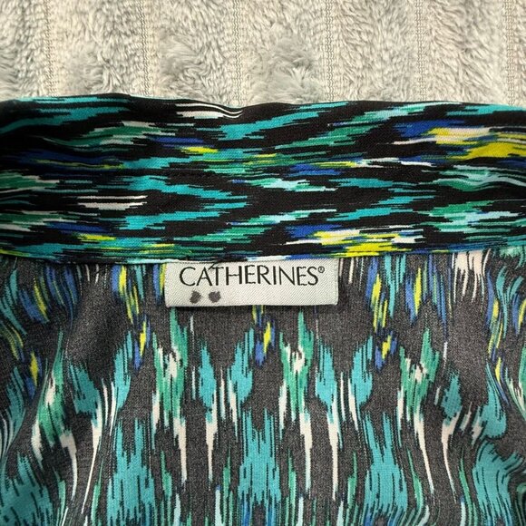 Catherines Shirt Womens 2X Plus Button Up Cuffed Sleeve Green Blue Geometric Top - Picture 7 of 9